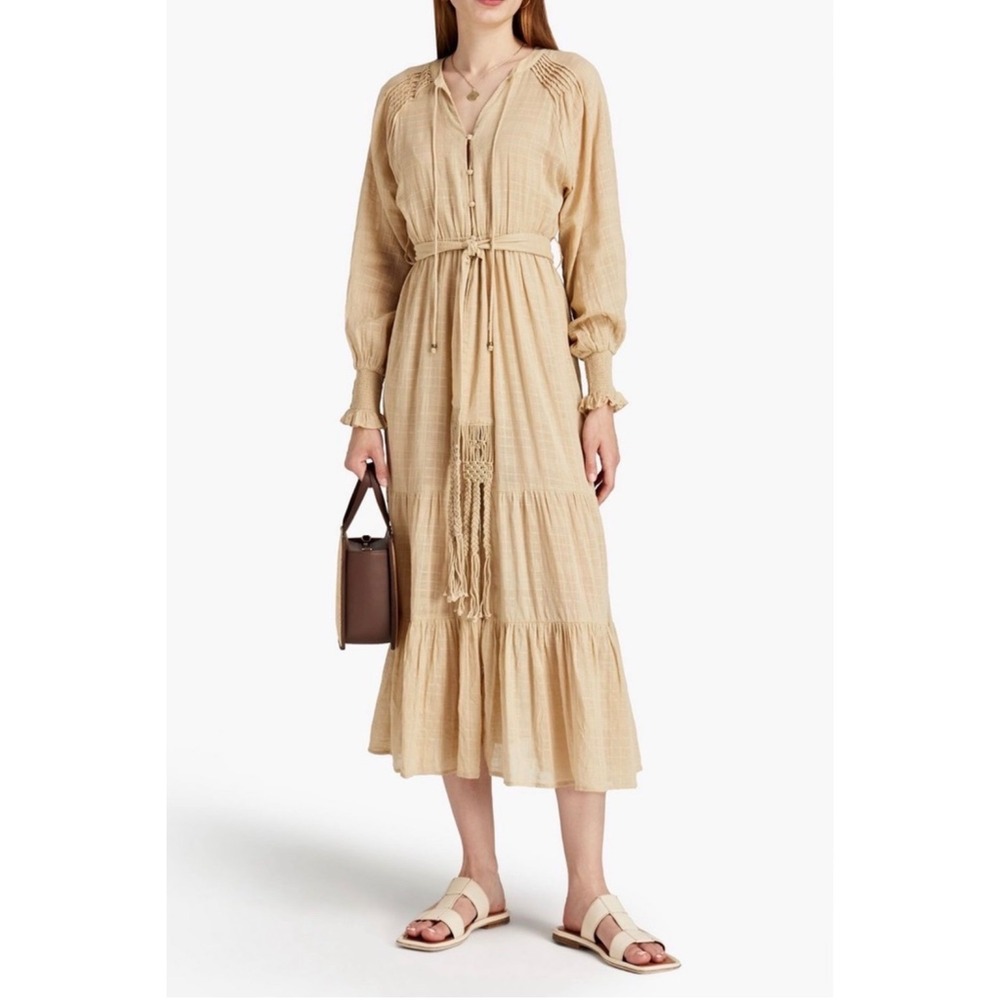 NWT Tigerlily Emine Gathered Cotton‎ Gauze Midi Dress Beige Size 8 Boho